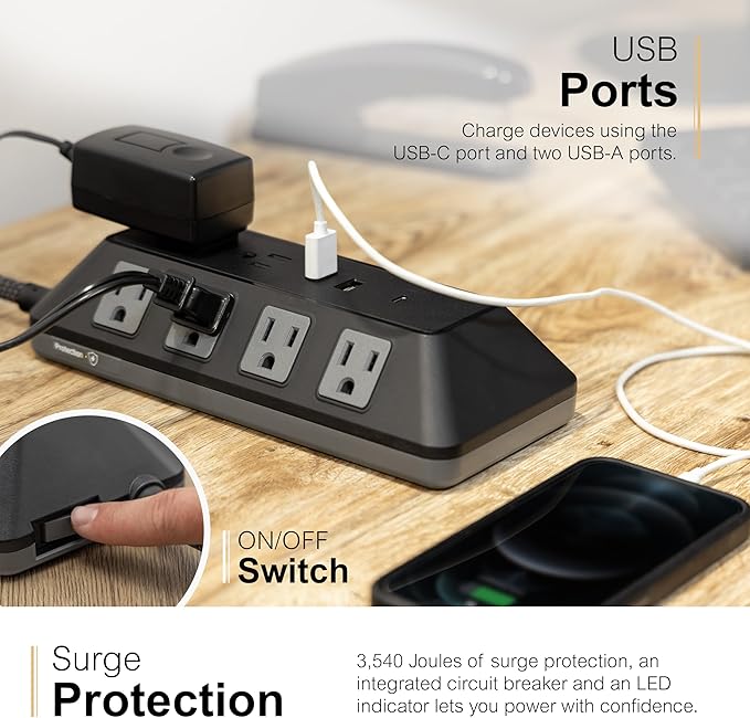 GE UltraPro 10-Outlet Surge Protector with USB, 2 USB-A, 1 USB-C, 4 Ft Braided Extension Cord, Multi Plug Outlet Extender, Adapter Spaced, Flat Plug, 3540 Joules, Charging Station, Black, 81785