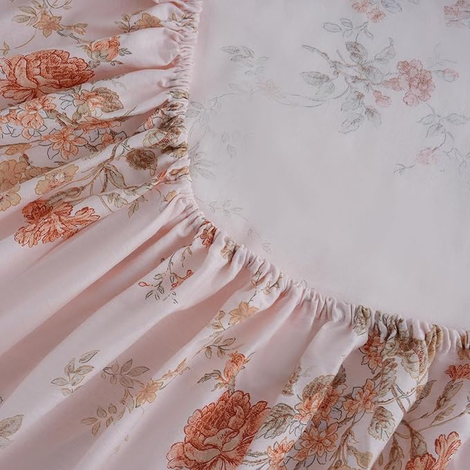 Zusbest Queen Sheet Set 100% Percale Cotton Orange Floral Bed Sheet Set, Brushed for Extra Softness, Luxury Flannel Sheets Like Shabby Vintage Flower Print Deep Pocket Sheets 17.5'' 4 Pcs