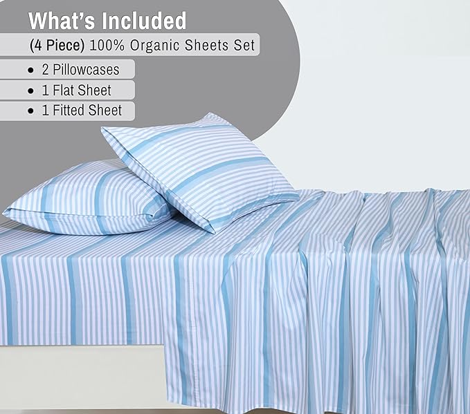 RUVANTI 100% Organic Cotton Sheets California King, Percale Weave, GOTS Certified, 4-Piece Set, Deep Pocket 13", Crisp & Breathable, Soft Durable Bedding, Sábanas Algodón Orgánico – Nautical Stripes