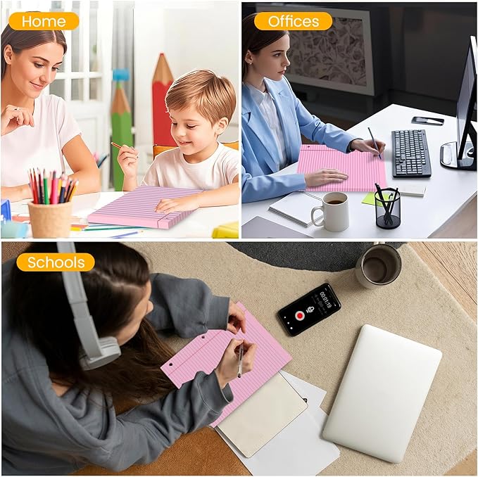 Pink Loose Leaf Paper 100 Sheets Colored Filler Paper 8 * 10.5 College Ruled 3-Hole Punched Paper for 3-Ring Binders Notebook Lined 8" x 10.5"