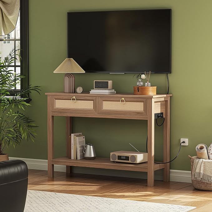 SUPERJARE Rattan Console Sofa Table with Outlets and USB-C Port, 2 Drawer Entryway Table with Synthetic Rattan Surface, 39 Inch, Open Shelf, Behind Couch Entry Foyer Hallway Storage, Brown