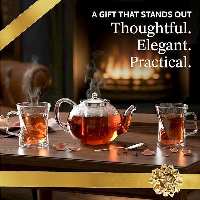 James Bentley Glass Coffee and Tea Set – Borosilicate Glass Teapot Set for Adults with 40oz Teapot & 4 Insulated Glasses, Stainless Steel Strainer for Bags and Loose Tea– Microwave, Dishwasher Safe