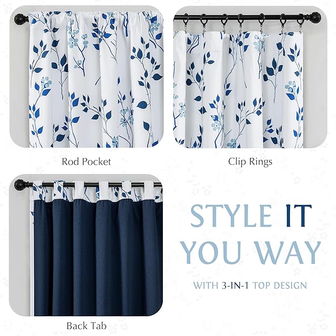 Beauoop Floral 100% Blackout Curtains 63 Inch Length 2 Panels for Bedroom Living Room Navy Blue and White Flower Patterned Room Darkening Thermal Soundproof Rod Pocket Back Tab Window Drapes, 52X63