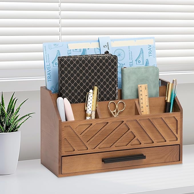Brown Wood Desk Organizer and Accessories with Drawer, Bill Mail Organizer and File Mail Holder for Office Supplies, Modern Desk Accessories & Workspace Organizers for Desk Organization