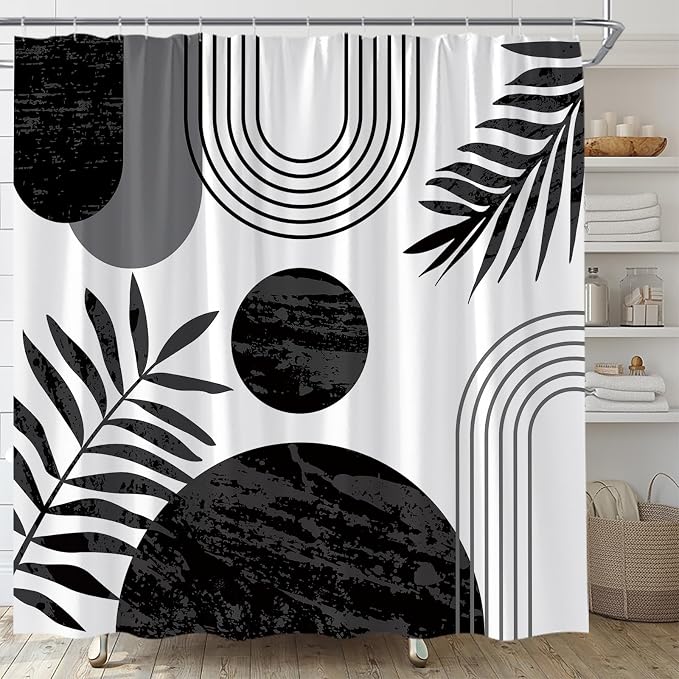 Mid Century Modern Shower Curtain Boho Black and White Abstract Retro Aesthetic Fabric for Bathroom Decor Bathtub with Hooks (70" WX84 H)