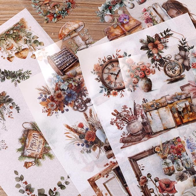 Auguro Scrapbooking Stickers 20 Sheets Pre-Cut 200 washi Stickers PET People Sticker Books for journaling Scrapbook Supplies Flower Transparent Journal Sticker