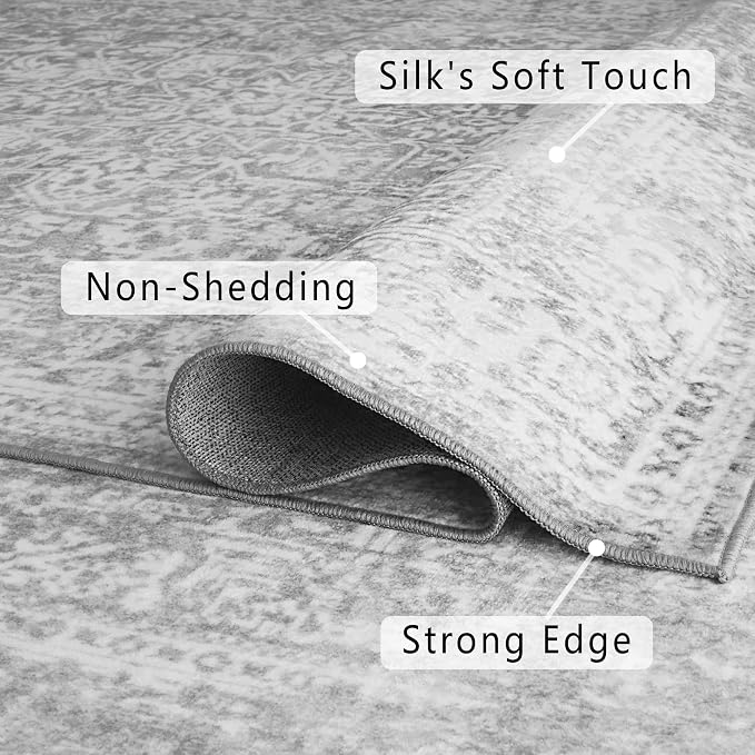vivorug 4x6 Neutral Area Rugs, Stain Resistant Washable Rug for Living Room, Vintage-Inspired (Ivory/Silver, 4'x6')