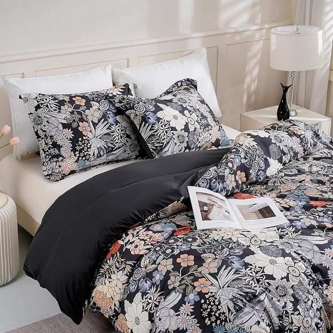 LONAVA Queen Flower 3 Pcs Duvet Cover Set, Breathable Soft Microfiber Black Lining Comforter Cover with Zipper Closure, and 2 Anti-Pilling, Fade Resistant Pillowcases, Midnight Blossoms