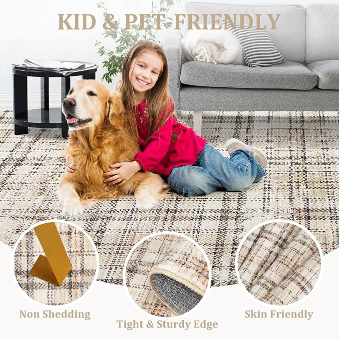 3x5 Entryway Rug Washable Bedroom Rugs with Non Slip Rubber Backing, Plaid Soft Low Pile Rustic Stain Resistant Accent Rug for Entrance Living Room Office Home Decor
