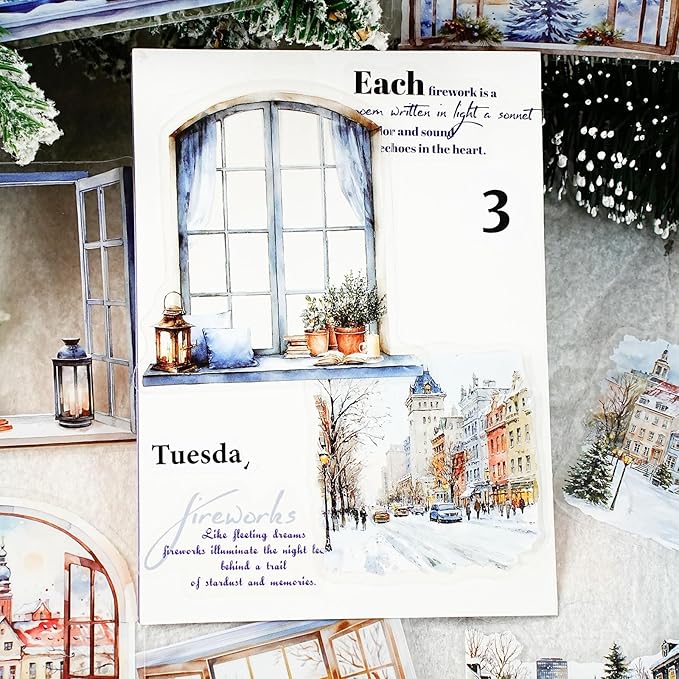 AuriicLeaf Weather Window PET Stickers, 90PCS Large Window Scenery Designs - Cozy Seasonal Views for Scrapbook Journals Planners DIY Decor