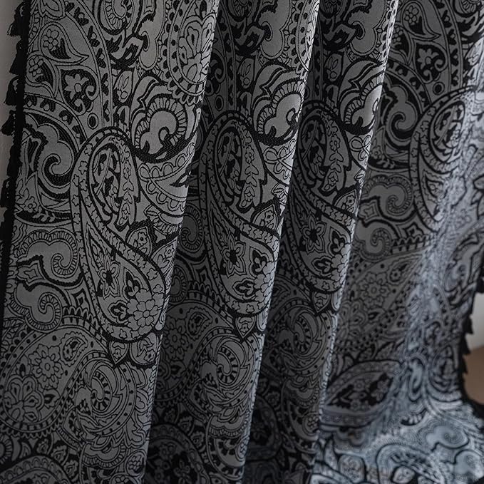 ENJOYBRIDAL Black Paisley 63 Inch Curtains for Bedroom Semi Sheer Drapes Light Filtering Boho Rod Pocket Short Window Curtains 2 Panel Sets Living Room Farmhouse Printed Jacquard Window Treatments