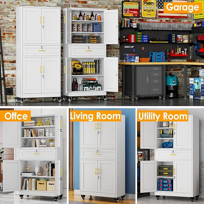 Metal Tall Storage Cabinet with Drawer, Garage Storage Cabinet with Locking Doors and 3 Adjustable Shelves, 71" H Steel Cabinets for Garage, Home, Office, White, Assembly Required