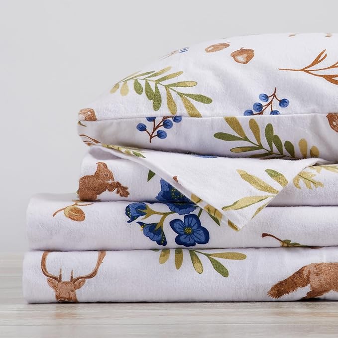 Market & Place 100% Cotton King Flannel Sheet Set | 4 Piece Deep Pocket Novelty Cozy Winter Bed Sheets | Double Brushed for Extra Softness & Comfort | Alpine Collection (King, Woodland Forest)