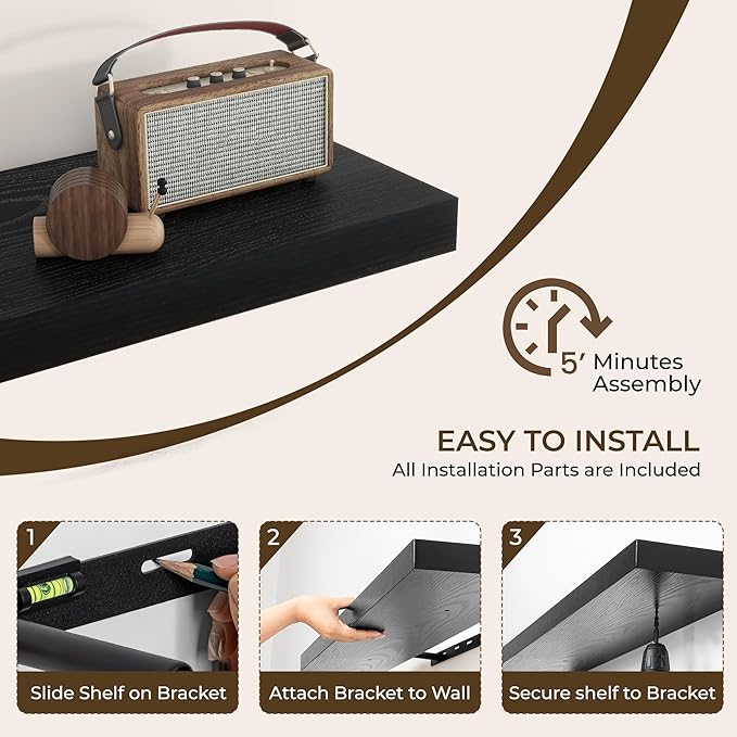 RICHFOCUS 8 Inch Floating Shelves for Wall Small Square Shelves Set for Bedroom|Kitchen|Bathroom|Laundry Room Rustic Wood Wall Mounted Shelf with Invisible Brackets for Books|Storage|Decor, Black