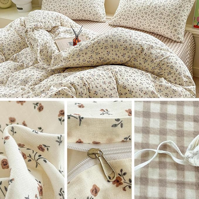 LifeTB 100% Cotton Muslin Duvet Cover Full Size Vintage Botanical Floral Duvet Cover Ultra Soft Flower Comforter Cover Lightweight Soft Breathable Gauze Bedding Comforter Cover with 2 Pillowcases