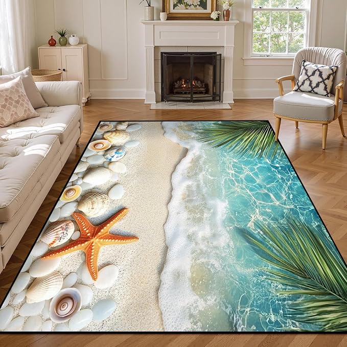 5'x7' Beach Rug Starfish Seashell Area Rugs for Bedroom Living Room Kitchen Nursery Playroom Home Decor Ocean Sea Wave Carpt 3D Non Slip Washable Throw Rug Coastal Seaside Floor Mat