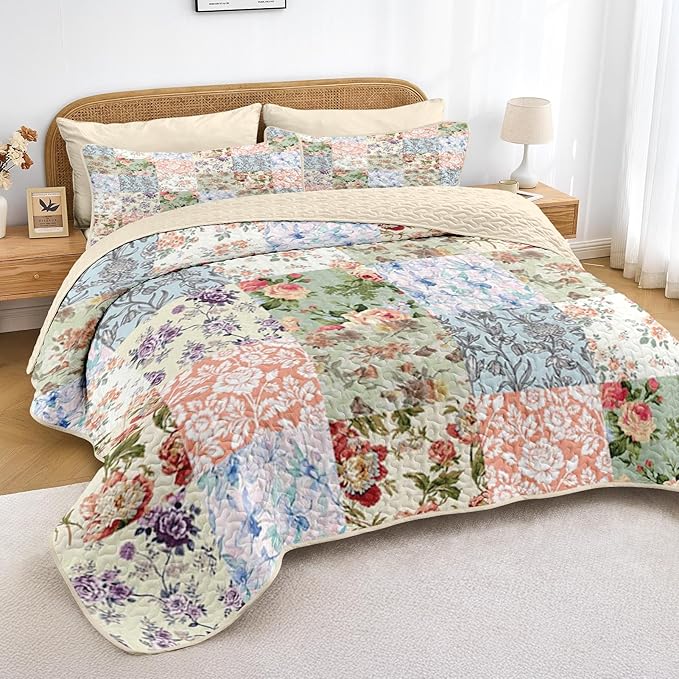 Quilt Set Full/Queen Size, Vintage Patchwork Floral 3 Pcs Soft Bed Cover Bedding Set, Boho Mid Century Lightweight Bedspread Coverlet with 2 Pillow Sham for All Season