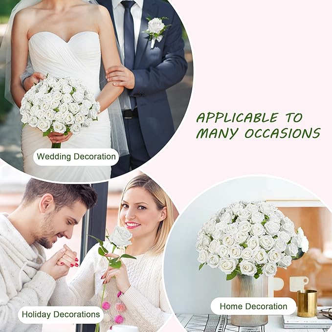 Fake Plants Roses Flowers Plastic Flowers Spring Decorations for Home Gifts for Gf Roses Artificial Flowers for Vase Fake Flowers Home Decor Fake Plant19.6โ (White 100PCS)