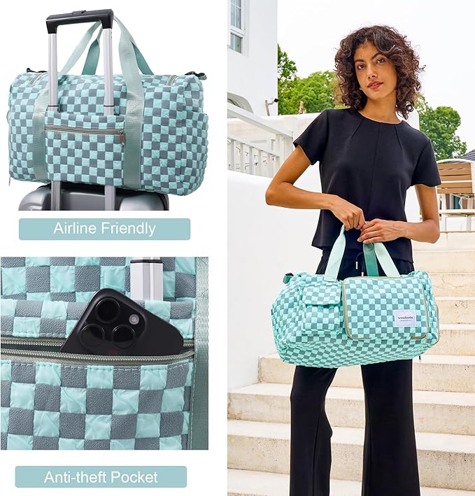 WOOMADA Foldable Travel Duffel Bag with Shoes Compartment, Overnight Bag with Wet Pocket & Trolley Sleeve, Weekender Bags for Women (turquoise checkerboard)