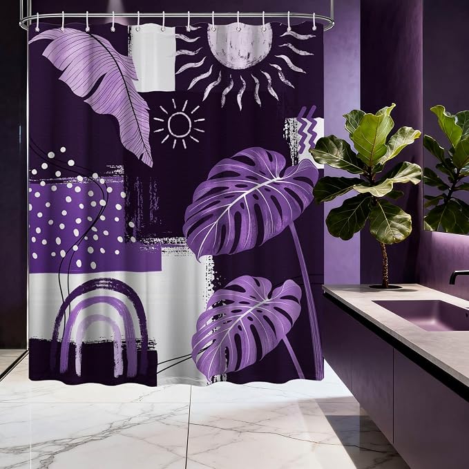 Purple Mid Century Modern Shower Curtain Bohemian Abstract Lavender Shower Curtains for Bathroom Decor Sets, Waterproof Cloth Fabric with Hooks, 60x72 Inch