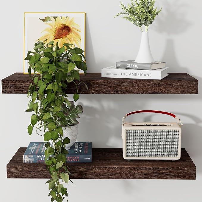 Axeman Floating Shelves, 2 Pack 8 Inch Deep Rustic Solid Wood Wall Shelves for Storage, Wall Mounted Display Shelving with Invisible Heavy-Duty Metal Bracket, 24" W x 8" D x 1.6" H, Rustic Brown