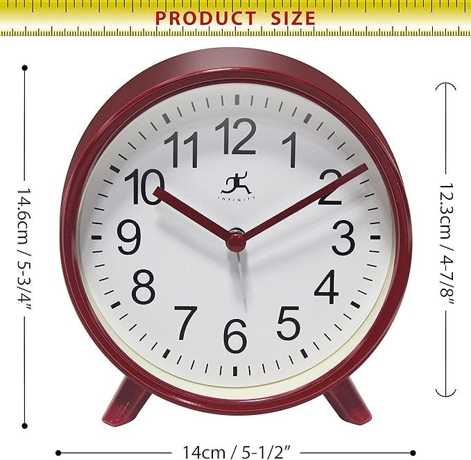 Infinity Instruments Plastic 5.75" Indoor Tabletop Alarm Clock with Quartz Movement for Accurate Time Keeping, Red