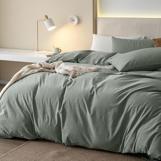 JIYUAN 100% Washed Cotton Duvet Cover Set 3 Pieces Queen, 1 Duvet Cover 90x90 Inches(Comforter Not Included) and 2 Pillowcases,Linen Feel Bedding Set Comfy and Breathable, Heathered Green