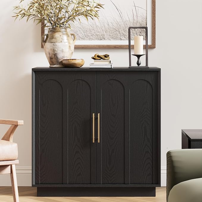 FORTUNETEC Sideboard Buffet Cabinet with Storage Set of 2, Mid Century Modern Accent Cabinet with Arched Doors, Modular Media Console, Credenza for Living Room Kitchen Dining Room Entryway, Black