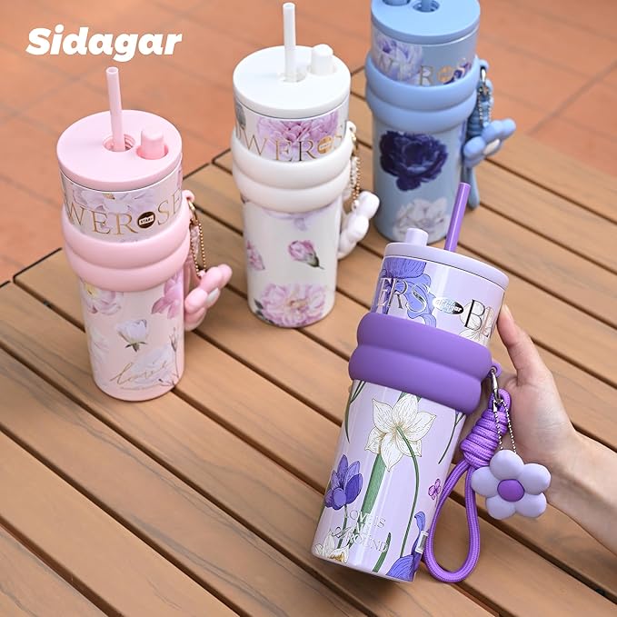 24 oz Stainless Steel Tumbler with Lid and Straw, Insulated Coffee Mug, Leak Proof, Portable Iced Travel Water Bottle, Reusable Thermal Coffee Cup, Floral Blue