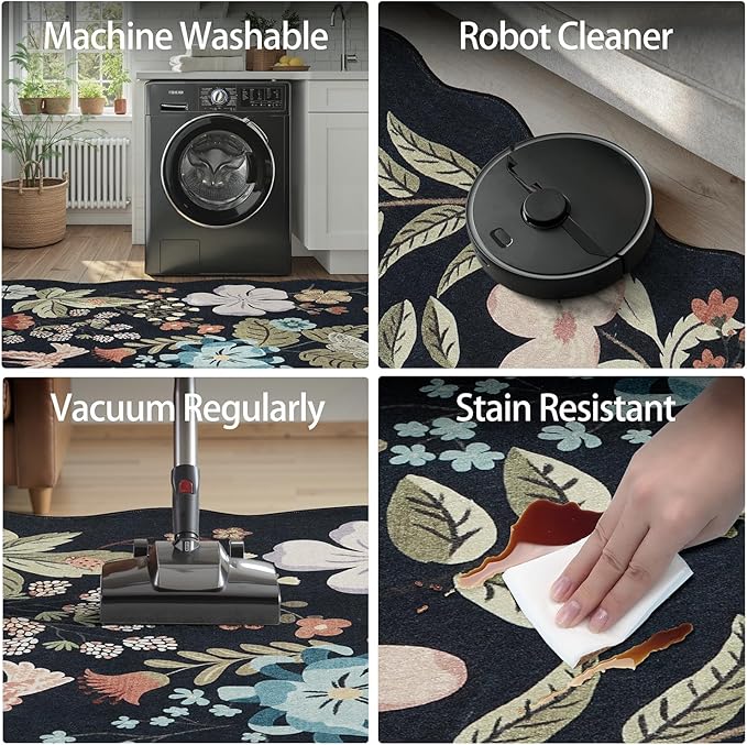 DCX Black Floral Rug 9x12, Washable Black Rug for Living Room, Kid & Pet Friendly with Rubber Back Non Slip, Soft Low Pile Carpet, Stain Resistant Rug for Bedroom, Nursery, Dining Room