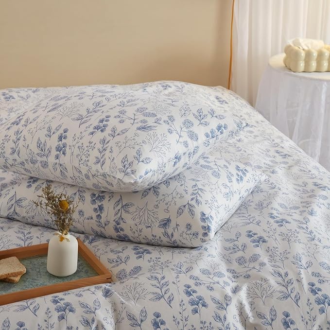 3 Pieces Duvet Cover King Size White Bedding Duvet Cover with Blue Floral Print,Coquette Bedding Soft Cotton Comforter Cover Boho Style,Aesthetic King Bedding Set with Zipper Closure 4 Ties