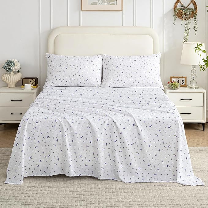 Softan Purple Floral King Bed Sheet Set, Cozy Microfiber Patterned Fitted Sheets with 15" Deep Pocket & Non-Slip Straps, Cute Purple Flower Printed Sheets & Pillowcase Set King