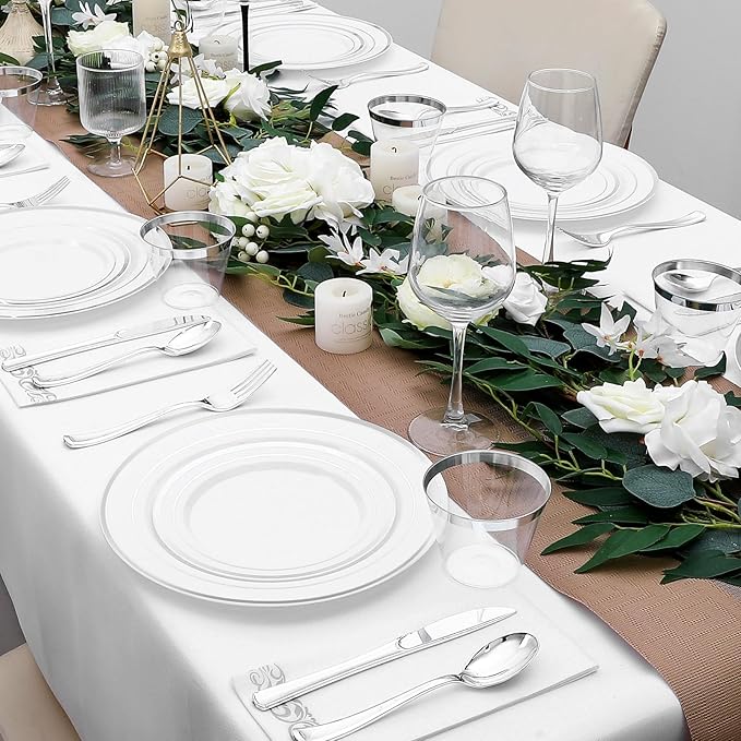 350-Piece Silver Rim Plastic Dinnerware Set for 50 Guests, Elegant Disposable Dinnerware for Party, Wedding. Includes Dinner Plates, Dessert Plates, Silverware, Napkins, Cups