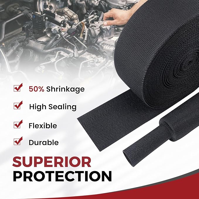 Braided Sleeving 2:1 Shrinkable Fabric Heat Shrink Tubing- Abrasion Protection Flexibility Wiring Harness Cable Sheath (1/2" ID, 30ft)