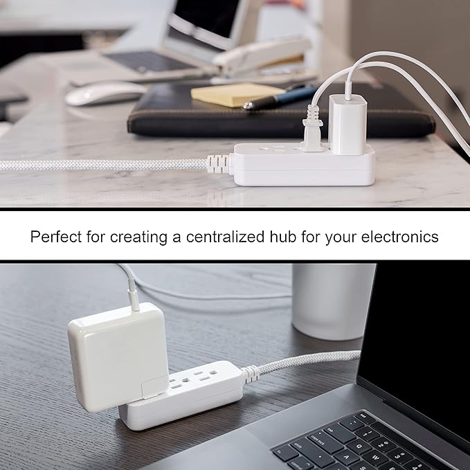 GE 3-Outlet Power Strip Surge Protector 8 Ft Braided Extension Cord with Multiple Outlets Grounded Flat Plug ETL Listed White 38433