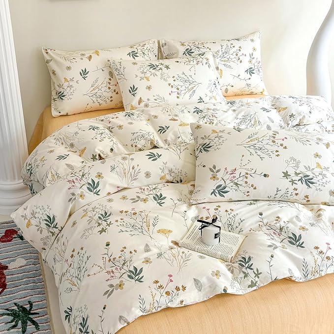 HighBuy Cotton 3 Piece Duvet Cover Full Yellow Floral Bedding Set Full Girls Botanical Coquette Comforter Cover with Zipper,Chic Garden Style Green Botanical Duvet Cover Set Vintage Soft