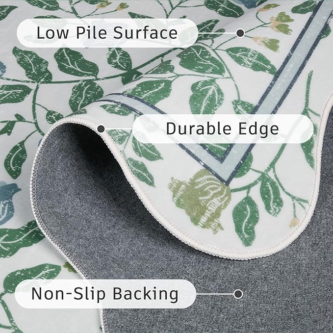 DCX Washable Botanical Floral Rug 8x10, Blue and Green Scalloped Rug, Non Slip Low Pile Carpet for Bedroom, Living Room, Kid & Pet Friendly
