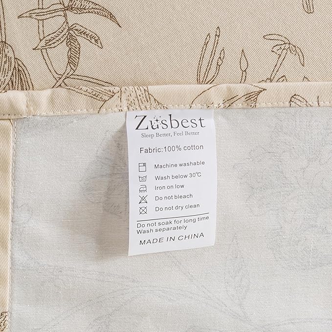 Zusbest Queen Sheet Set 100% Percale Cotton Beige Floral Bed Sheet Set, Brushed for Extra Softness, Breathable Luxury Toile Flannel Sheets Like Khaki Flower Print Deep Pocket Sheets 17.5'' 4 Pcs
