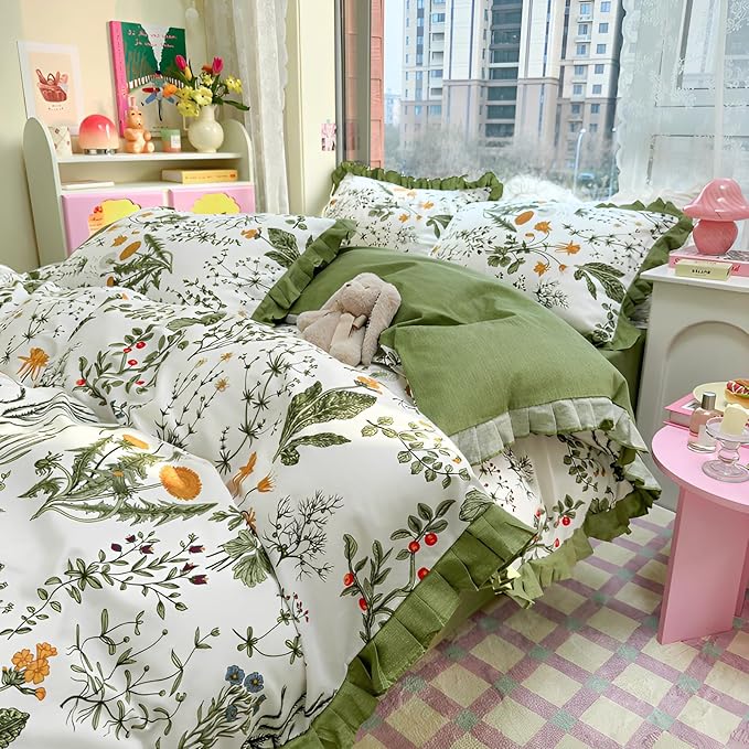 Romantic Floral Ruffle Duvet Cover Full 3 Pieces Botanical Duvet Cover Girls Flower Bedding Set 100% Cotton Vintage Floral Green Lace Bedding Flower Cottagecore Comforter Cover with 2 Pillowcases