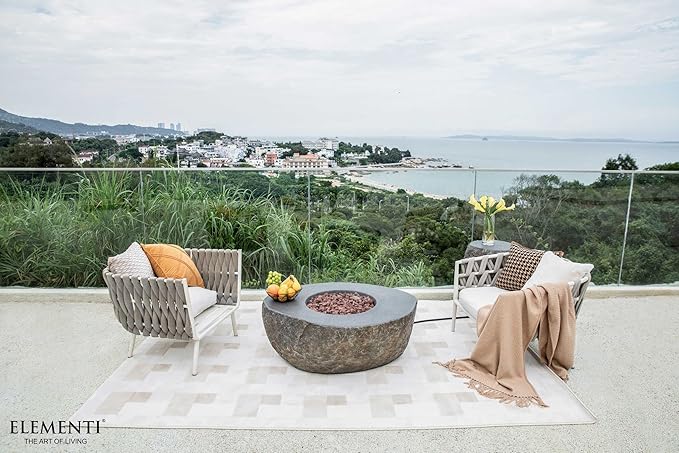 Elementi | Boulder Gas Fire Pit Cast Concrete Semi-Round Fire Table, Outdoor Fire Pit Electronic Ignition | Canvas Cover, Lava Rock Included | Natural Gas