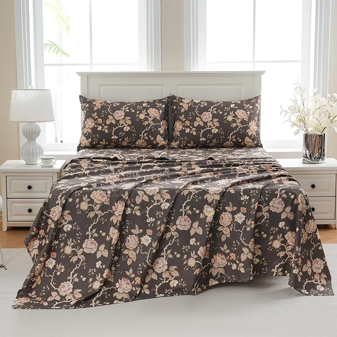 Zusbest Dark Brown Floral Bed Sheets Set - Queen Size Percale Cotton Shabby Rustic Peony Flower Print Bed Sheets - Soft Breathable Mocha Classic Vintage Bedding 4 Pcs Deep Pocket Flower Bed Sheets