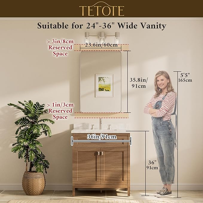 TETOTE Brushed Gold Bathroom Mirror, 24 x 36 Inch Metal Framed Mirror, Brushed Brass Rectangle Wall Mounted Golden Vanity Mirror (Horizontal/Vertical)