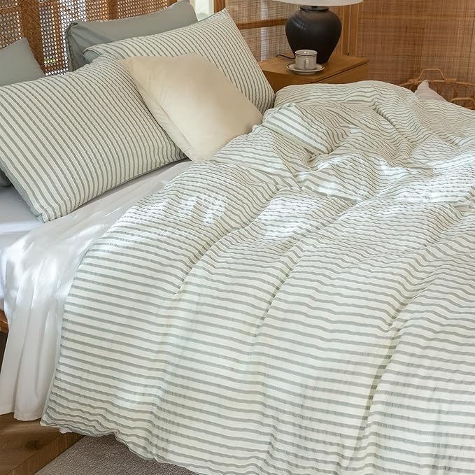 Striped Duvet Cover King Washed Microfiber Jacquard 3 Pieces Bedding Set, White Grayish Green Vertical Ticking Stripes Pattern Comforter Cover with Zipper Closure Breathable Durable Soft Comfy