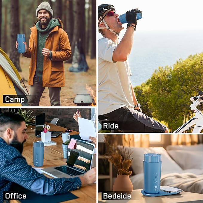 LEGARDLILIU Temperature Control Heated Coffee Mug Smart Self Heating Travel Mug 12 Oz App Controlled Warmer Mug 4-10 Hour LED Display Keep Coffee Hot Fast Wireless Charger Base Lake Blue