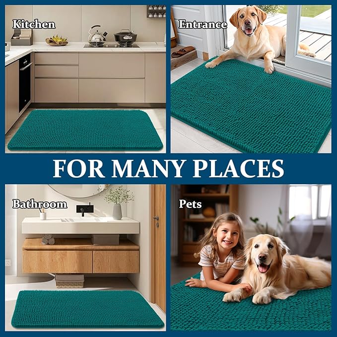OLANLY Dog Door Mat for Muddy Paws 44x24, Absorbs Moisture and Dirt, Absorbent Non-Slip Washable Doormat, Quick Dry Chenille Mud Mat for Dogs, Entry Indoor Entryway Carpet for Inside Floor, Lake Blue
