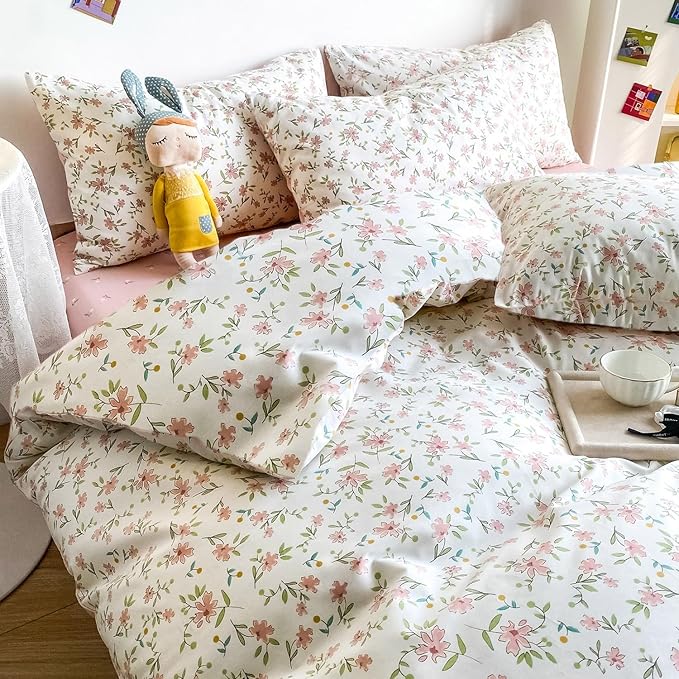 LifeTB 3 Pieces Girls Floral Comforter Set Twin XL Pink Flower Bedding Comforter with 2 Pillowcases Fluffy Cozy Cottagecore Bedding Boho Farmhouse Vintage Botanical Comforter Set for All Seasons