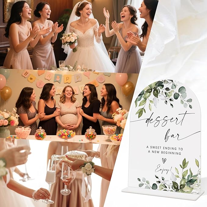 Wedding Signs for Reception, Green Leaves Dessert Bar Sign, Wedding Reception Signage, Bridal Shower Table Decorations with Base, Dessert Bar Supplies for Bridal Shower Events and Ceremony, 06