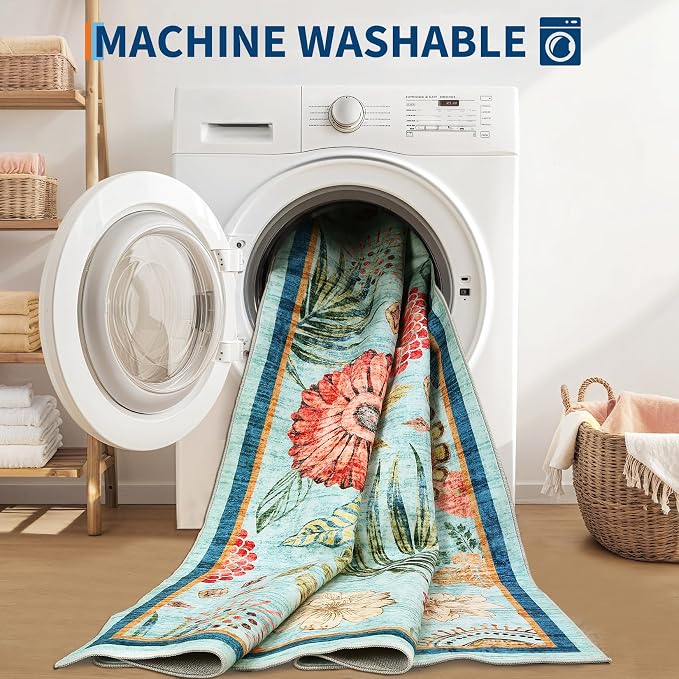 5x7 Washable Area Rug Non Slip Living Room Rugs Modern Floral Small Rug Non Shedding Soft Bedroom Floor Carpet Low Pile Thin Boho Botanical Floral Accent Carpet for Nursery Kitchen Office, Blue