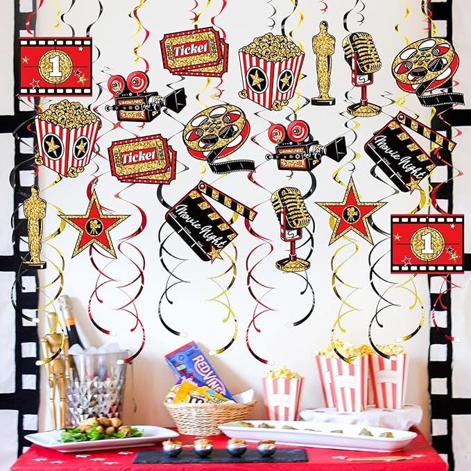 Movie Night Hanging Swirl Set Party Decorations, 48 Pcs, Hollywood Theme with Popcorn Trophy Microphone Film Reel Party Supplies Sign, Red Black Gold