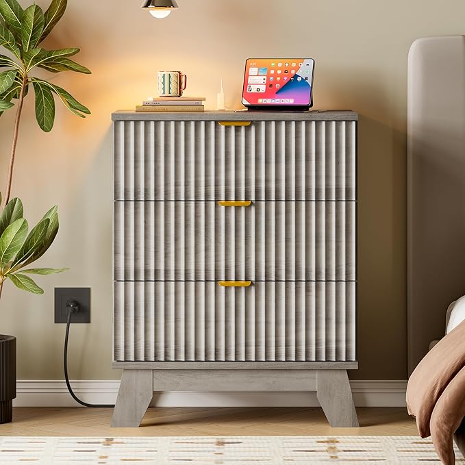 BORNOON 30.5" Nightstand with Charging Station, 3-Drawer Fluted Bedroom Chest, Wood Bedside Dresser with Power Outlets and USB Ports, Metal Slides, Stable Base, Modern Storage Cabinet for Small Spaces